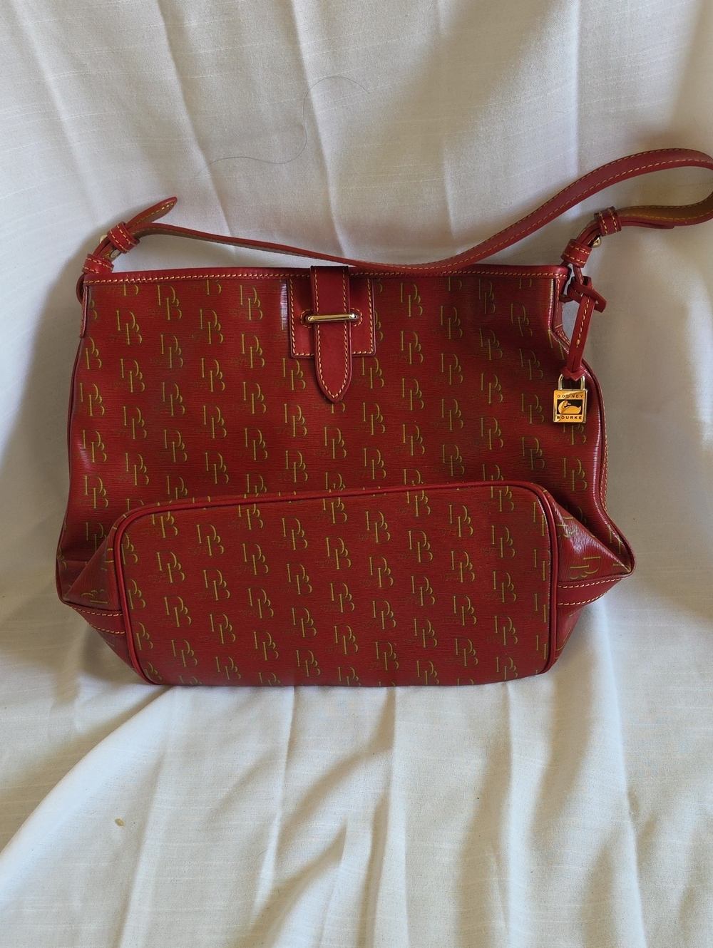 Dooney & Bourke Red Monogrammed Shoulder Bag with Gold Hardware